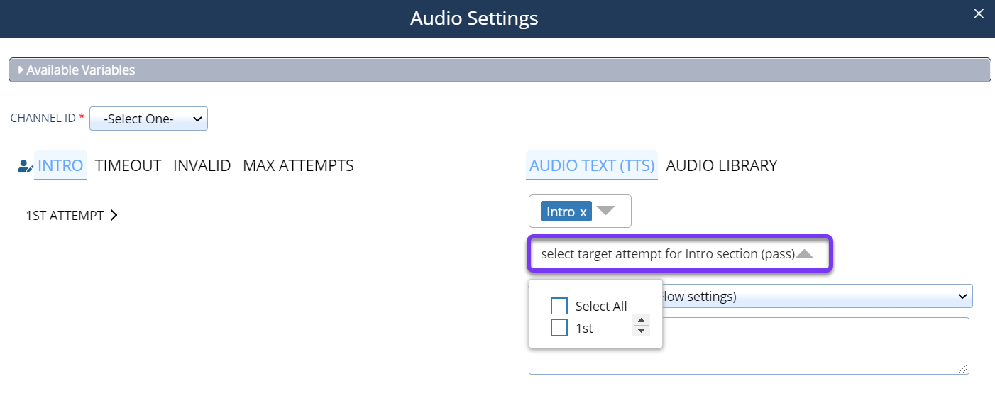 An Audio Settings pop-up window with the target attempt drop-down list showing available options for a Menu Tree action